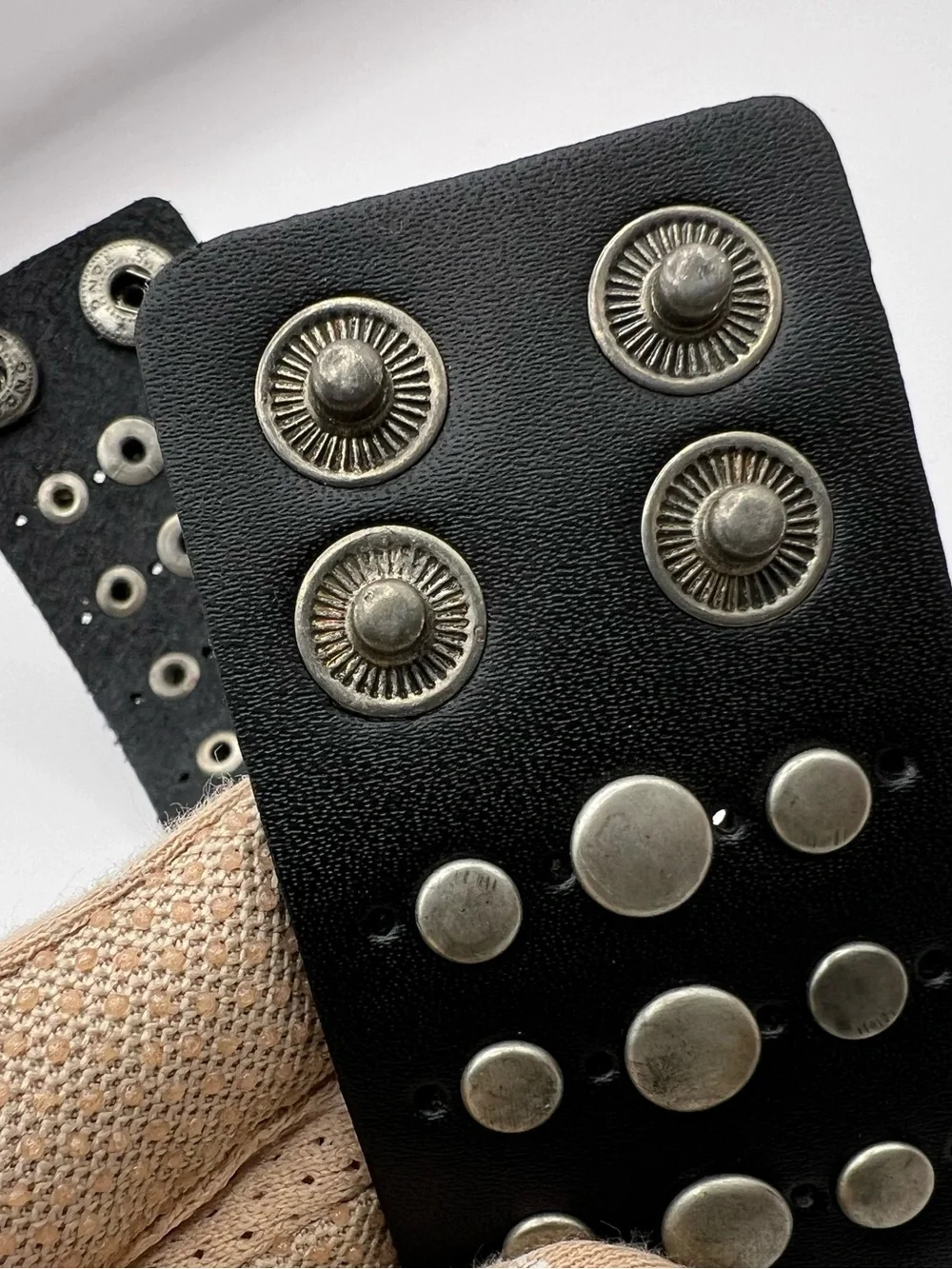 Guang Tong Studded Black Leather Cuff Bracelet Triple Row Snap Wristband